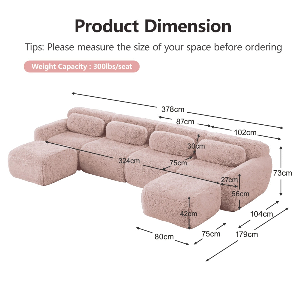 Divano Modulare a U con Cuscini ¨C MINIMAL ¨C Rosa, Tessuto Plush, Morbido