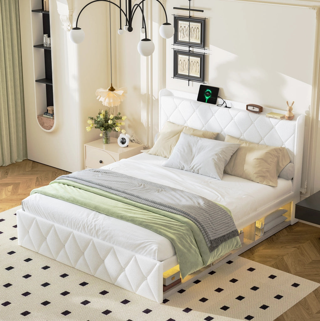 Letto matrimoniale 160x200 cm in teddy bianco con LED e USB