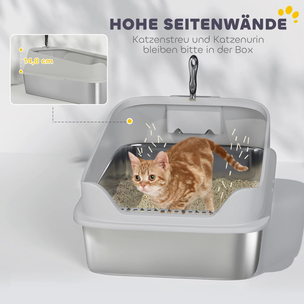 Lettiera per gatti in acciaio inox con bordo alto e paletta ¨C Xylo ¨C 69,8x50,3x29,8 cm grigio