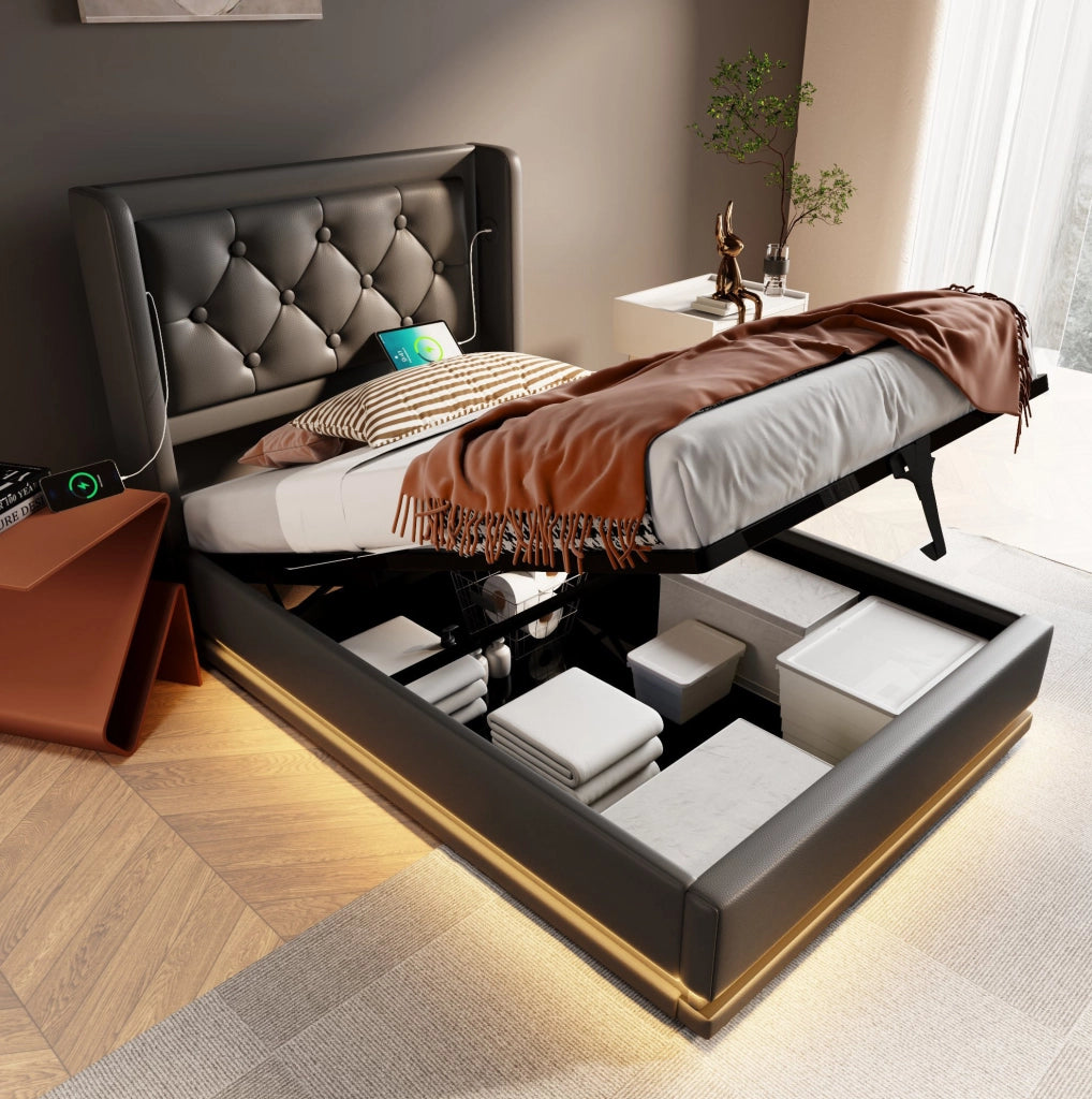 Letto singolo 90x200 cm con contenitore, LED e ricarica USB-C