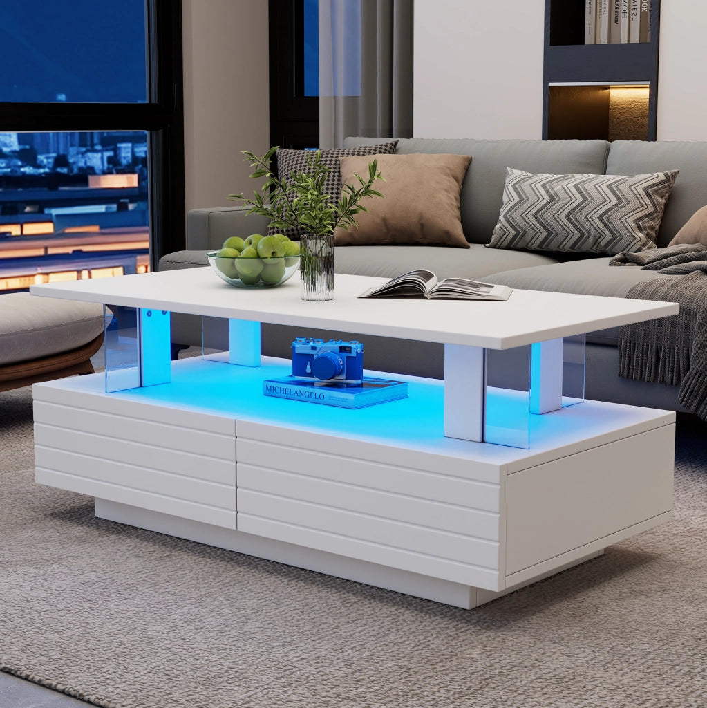 Tavolino da caffè LED bianco moderno con contenitore; 100 x 50 x 42 cm; in truciolare e acrilico