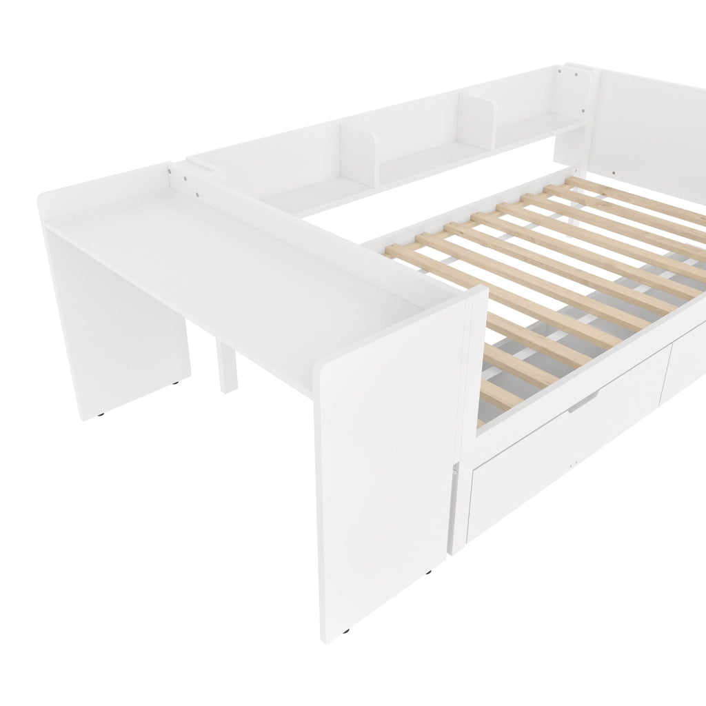 Letto singolo 90×200 cm con scrivania; 2 cassetti e ripiani; senza materasso; legno; bianco