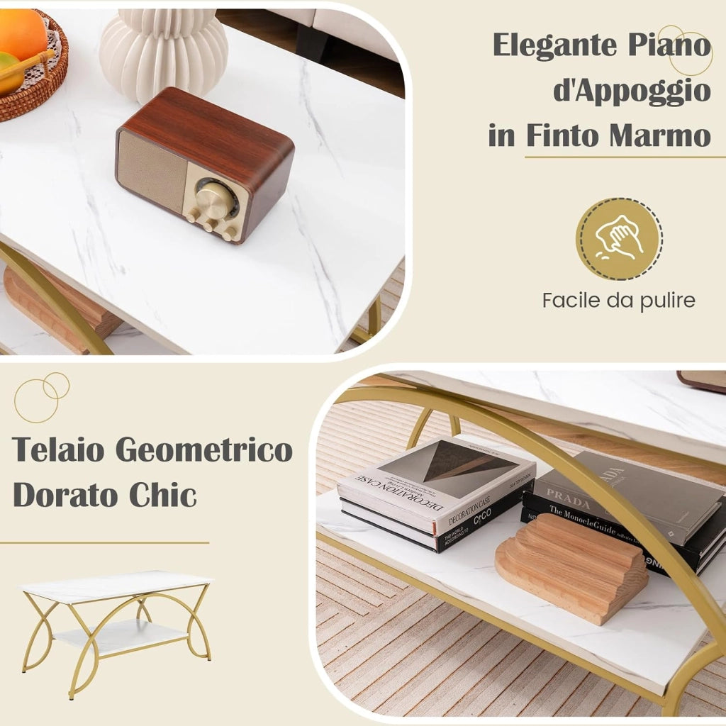 Tavolino da Caffè da Salotto, Tavolino Rettangolare a 2 Livelli con Struttura in Metallo, Tavolino Elegante e Moderno per Studio, Ufficio e Soggiorno, 100 x 50 x 45 cm (bianco e oro)