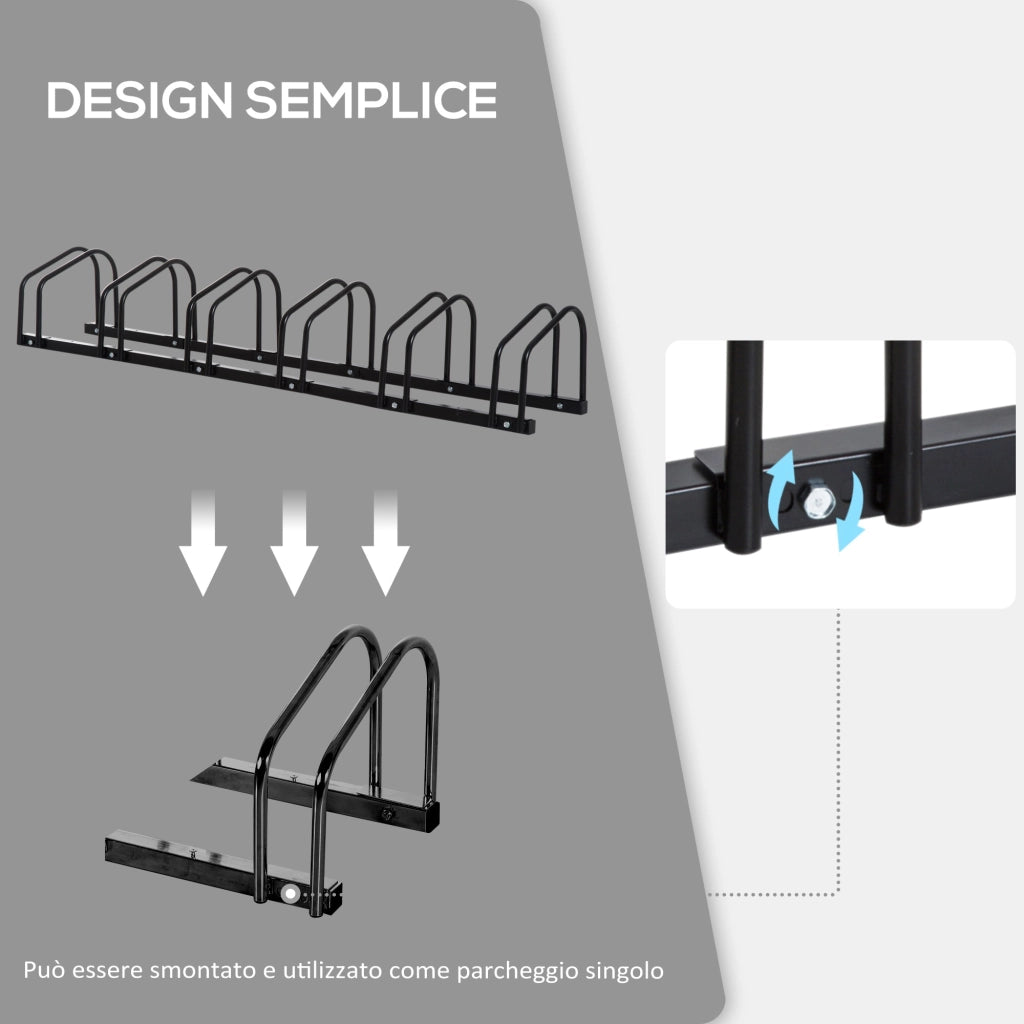 Rastrelliera Porta Biciclette 6 Posti 179x33x27 cm in Acciaio Nero