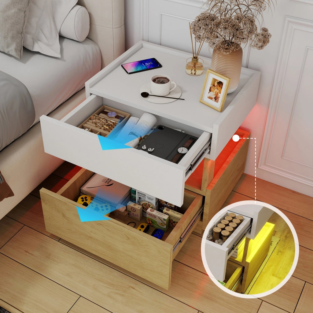 Comodino, 2 cassetti, tavolino a due ripiani, luce a LED, bianco e color legno naturale