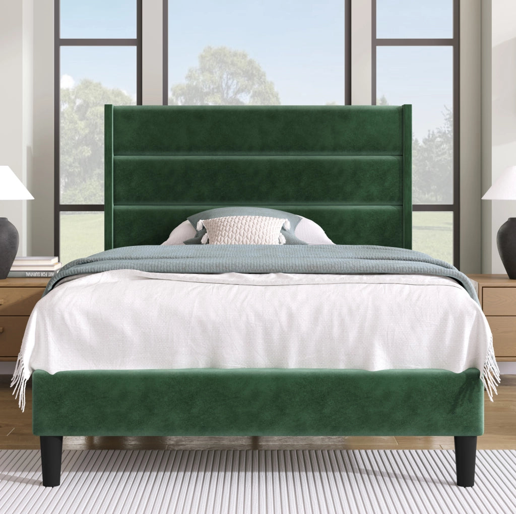 Letto imbottito 90x200 cm con rete a doghe e testiera in velluto verde scuro