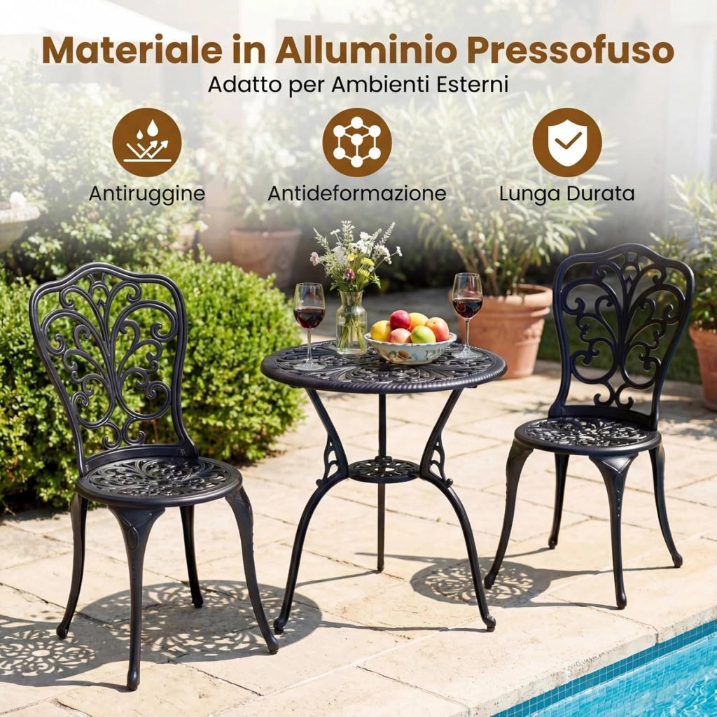 Set Tavolino e Sedie in Alluminio 3 Pezzi, Set Bistro da Esterno con Foro per Ombrellone, Mobili da Giardino per Cortile Patio Terrazza (Modello 3)