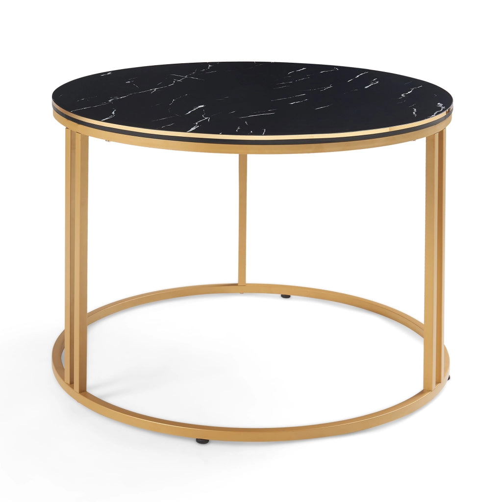 Tavolino Basso da Caffè 'Aulum' Piano Rotondo - Effetto Marmo Nero / Dorato [en.casa]