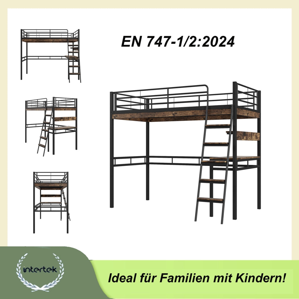 Letto a castello nero con scrivania e scaffali in metallo e mdf 90x200 cm