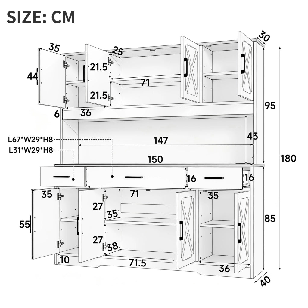 Credenza buffet 150x40x180 cm con LED; prese USB e ripiani regolabili; bianco