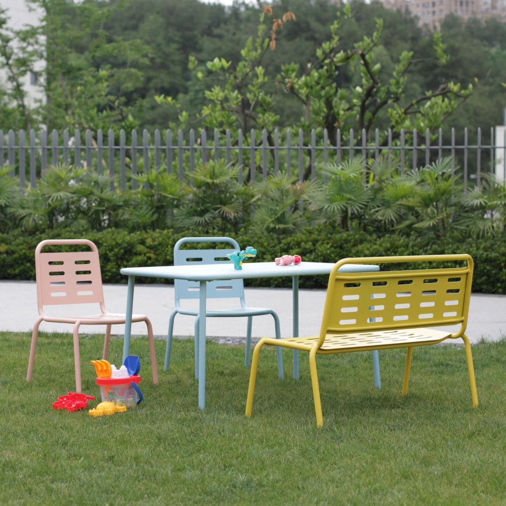 Set di 4 Mobili Etroubles per Bambini Tavolino Panca e 2 Sedie per Esterno e Interno - Giallo/Celeste/Pesca casa.pro