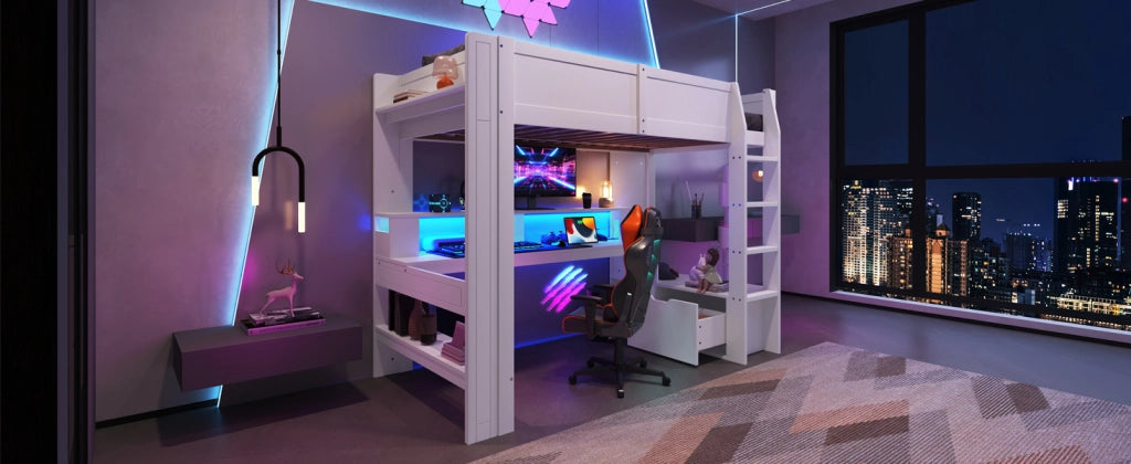 DESMIU Letto a soppalco letto singolo 90 × 200 cm con scrivania, cassetto, scaffali e LED, senza materasso, bianco