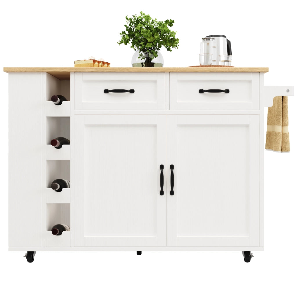 Isola Cucina con Portabottiglie e Presa Elettrica ¨C MINIMAL ¨C Bianco, Legno