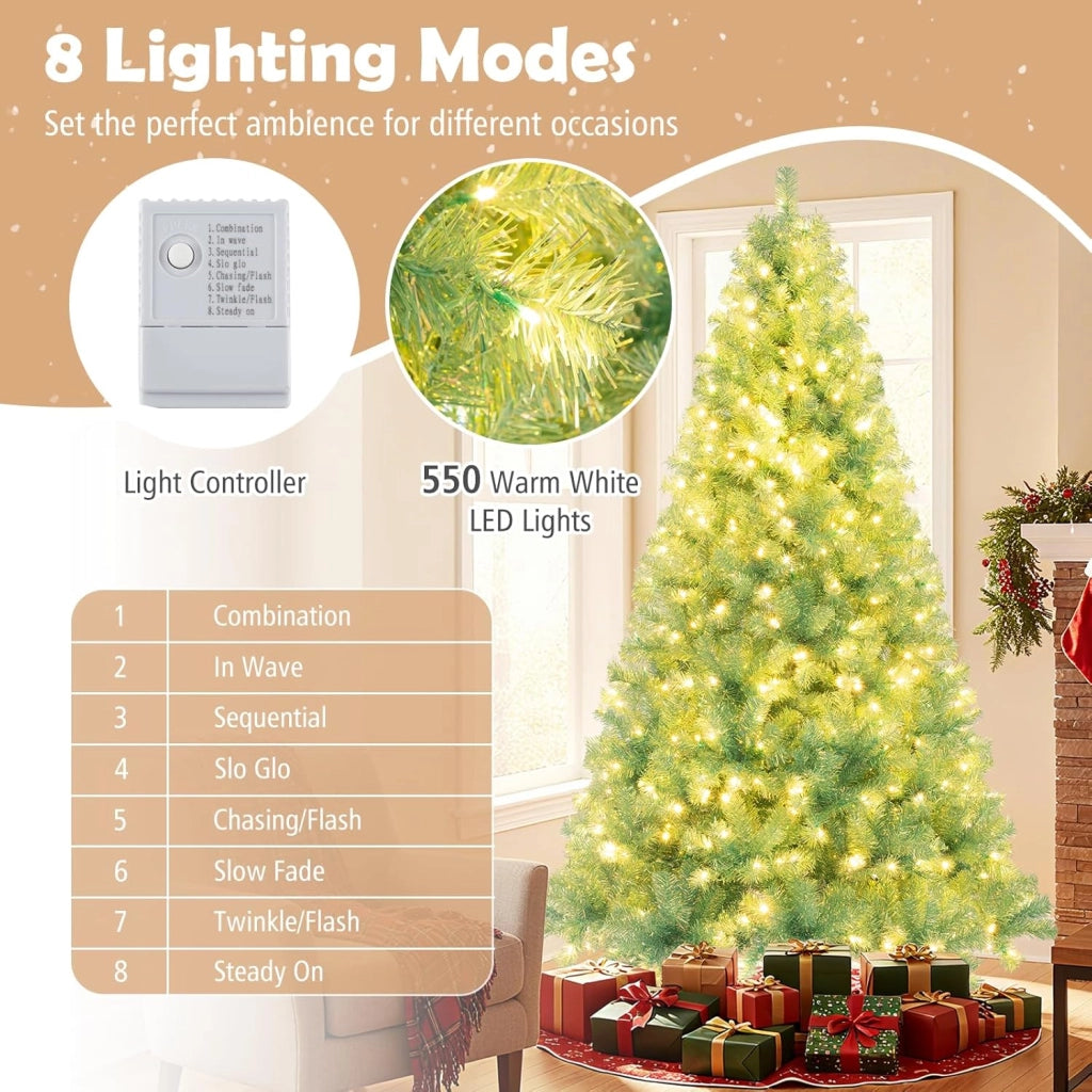 Albero di Natale Artificiale 180/225 cm, Albero di Natale con 250/550 Luci LED e 688/1300 Punte di Rami, Christmas Tree con 8 Modalità di Illuminazione, per Casa, Ufficio (Verde, 225 cm)