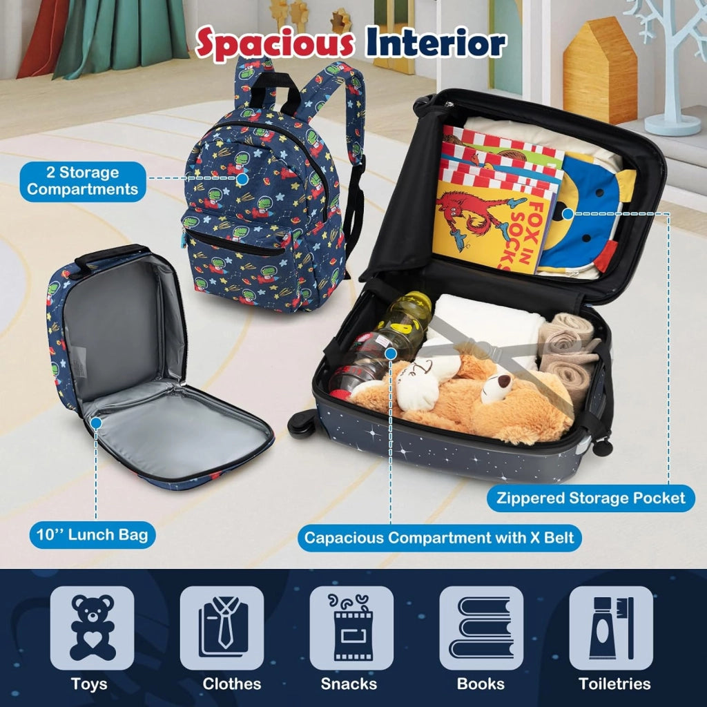 Set di 5 Pezzi Valigia 16’’ + Zaino 13’’ per Bambini, Bagagli 5-in-1 con Cuscino per Collo, Borsetta da Pranzo e Etichetta, Trolley con Maniglia Telescopica e Ruote Universali (Nero Dino-Space)