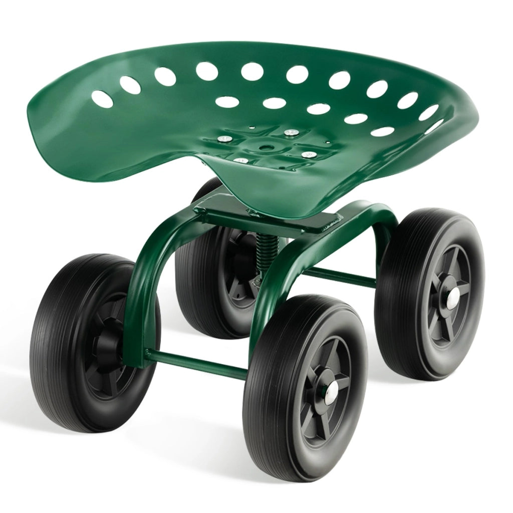 Carrello da giardino con seduta girevole a 360¡ã e altezza regolabile, Carrello da lavoro a 4 ruote Verde-Attrezzi da giardino