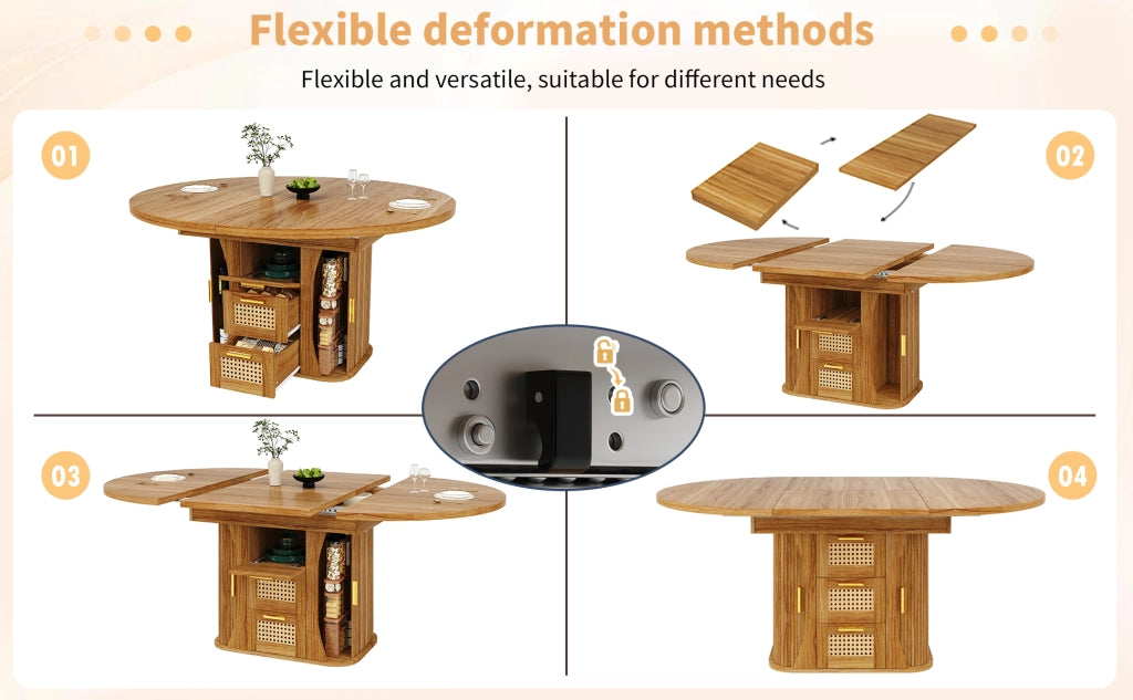 Tavolo da pranzo allungabile con cassetti in effetto rattan e spazio contenitore, per cucina e sala da pranzo, in MDF, rovere