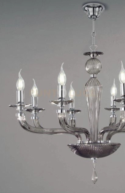 LAMPADARIO VILLA VETRO E METALLO 12 LUCI FUME' E CROMO ATTACCO E14 D.85CM