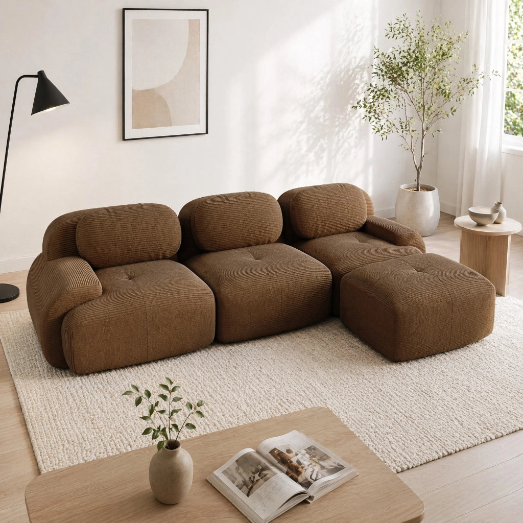 Divano angolare modulare senza montaggio in velluto a coste marrone; design ergonomico