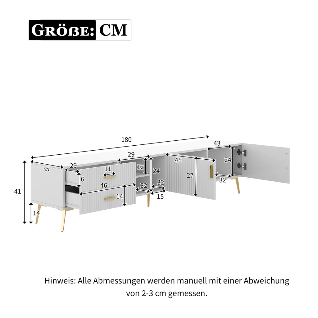 Mobile TV 180x35x44 cm con 2 cassetti e 2 ante in MDF bianco