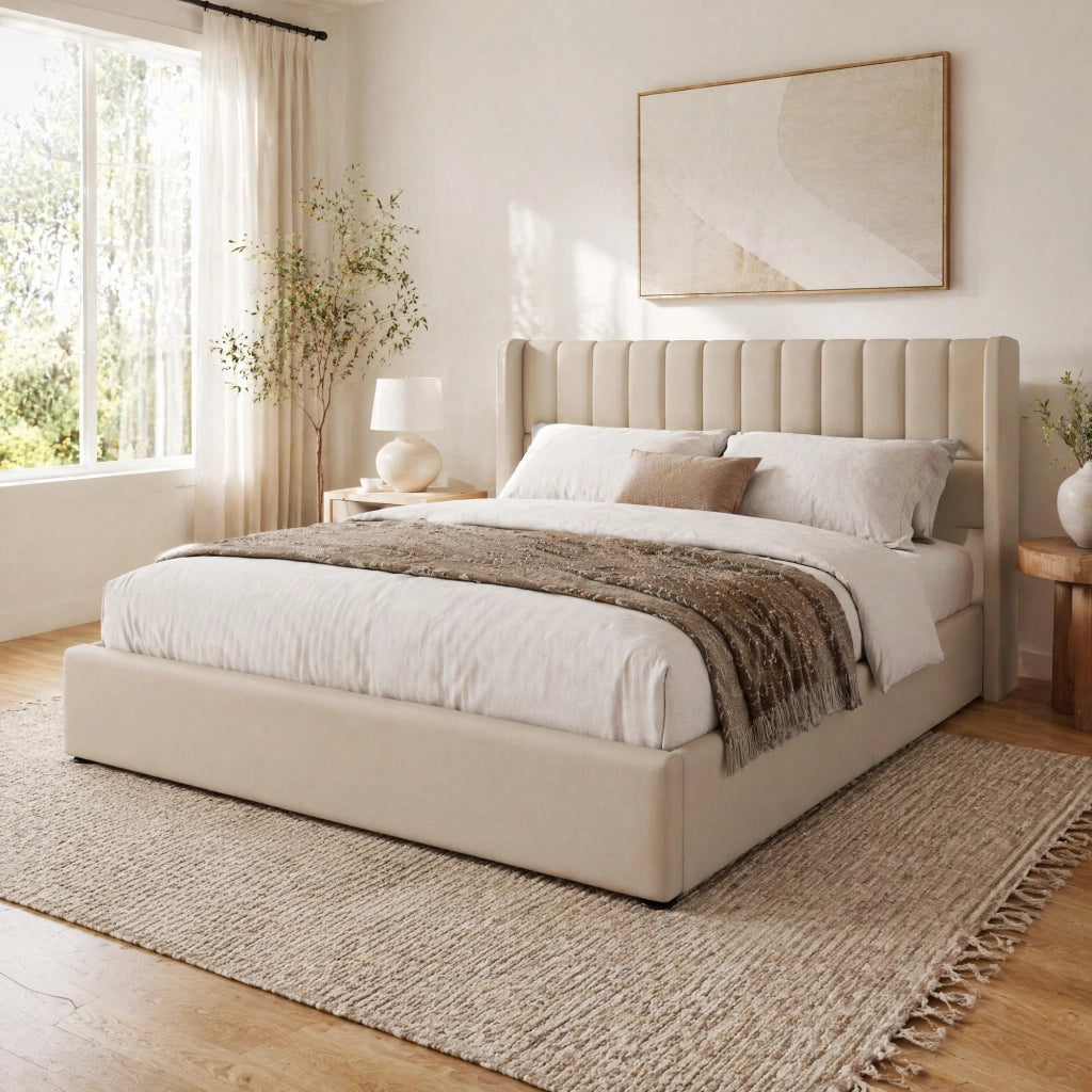 Letto matrimoniale contenitore 180x200 cm con rete sollevabile; in lino beige