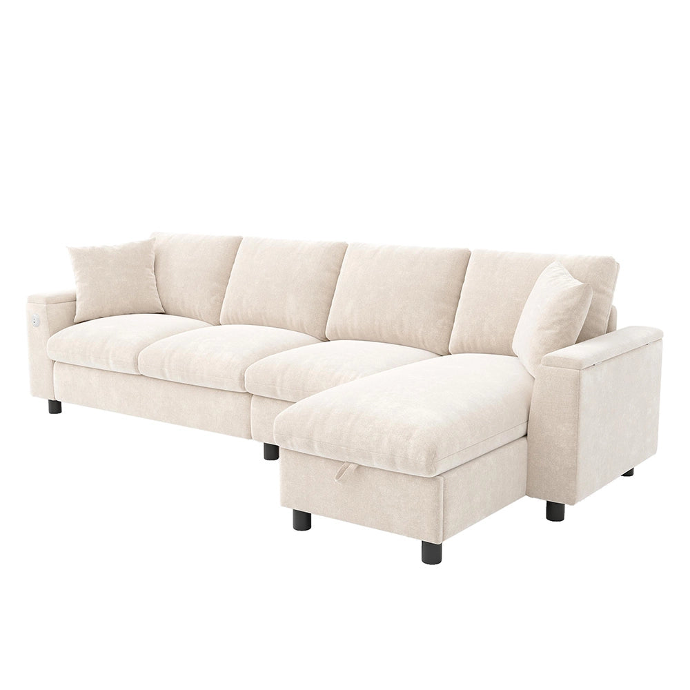 Divano angolare in L - Xylo - Chenille, USB-C, tavolo ribaltabile, beige
