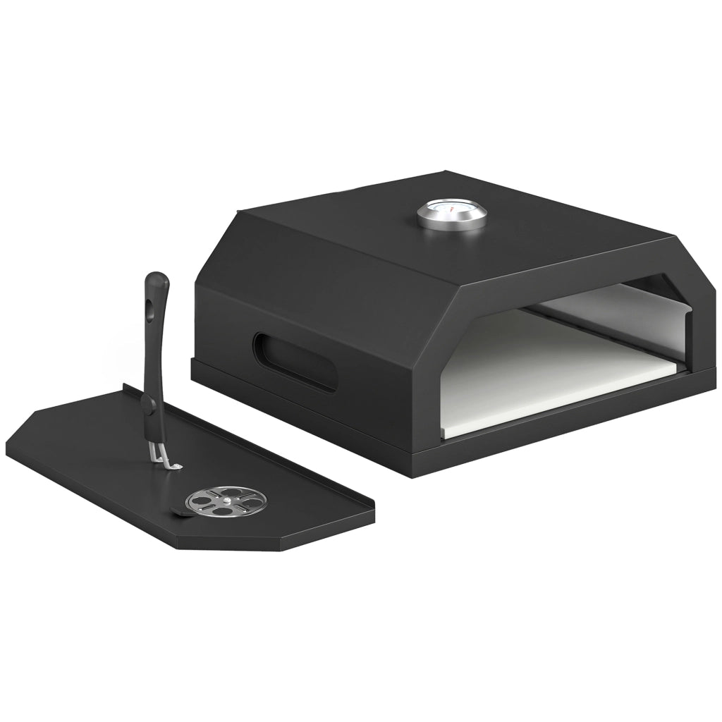 Mini Forno per Pizza da Barbecue 53x40x18,5 cm con Pietra in Cordierite e Termometro in Metallo Nero