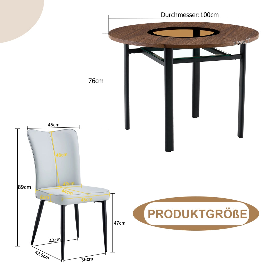 Tavolo da pranzo rotondo per 2 persone con piano in MDF e vetro, 2 sedie in PU, per cucina e soggiorno, 100 cm