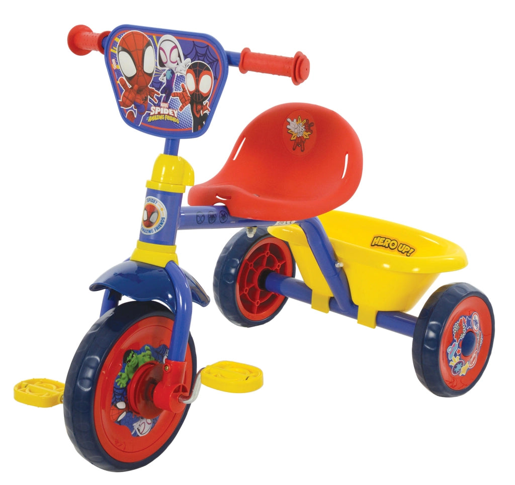 Triciclo a Pedali Primi Passi per Bambini con Maniglione Genitoriale Rimovibile e Vano Contenitore Marvel Spidey Blu
