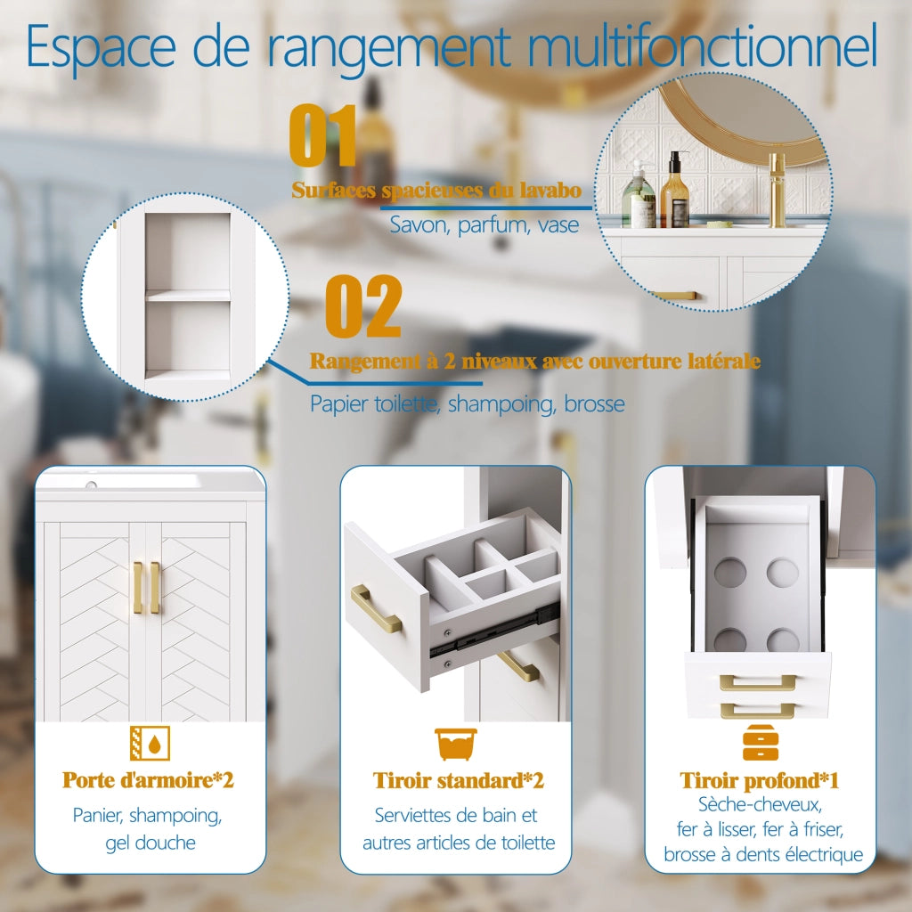 Mobile sottolavabo con lavabo in ceramica, 2 ante, 3 cassetti e ripiani aperti per bagno, bianco, 76.5 × 46.5 × 84.5 cm