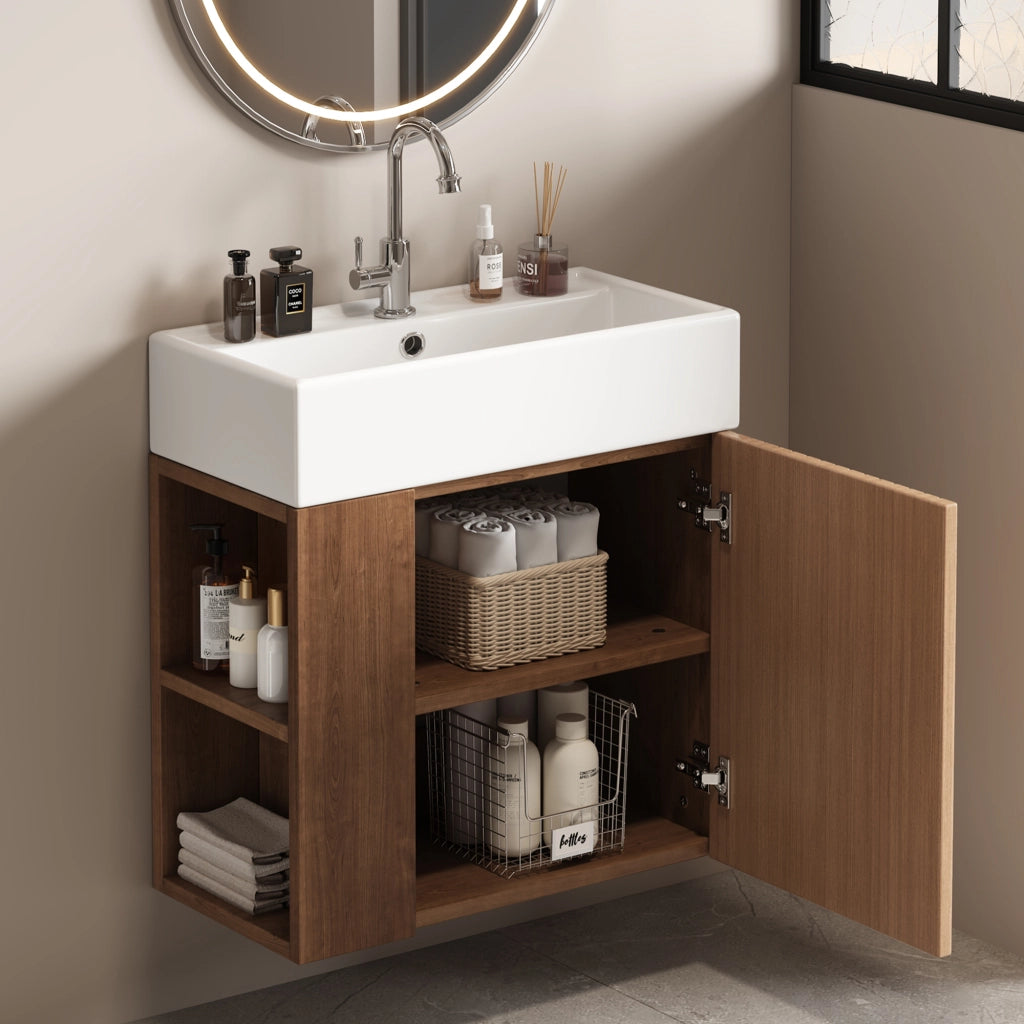 Armadietto da bagno con lavabo, ripiani laterali e chiusura ammortizzata, per bagno piccolo, marrone 69 × 52 × 32 cm