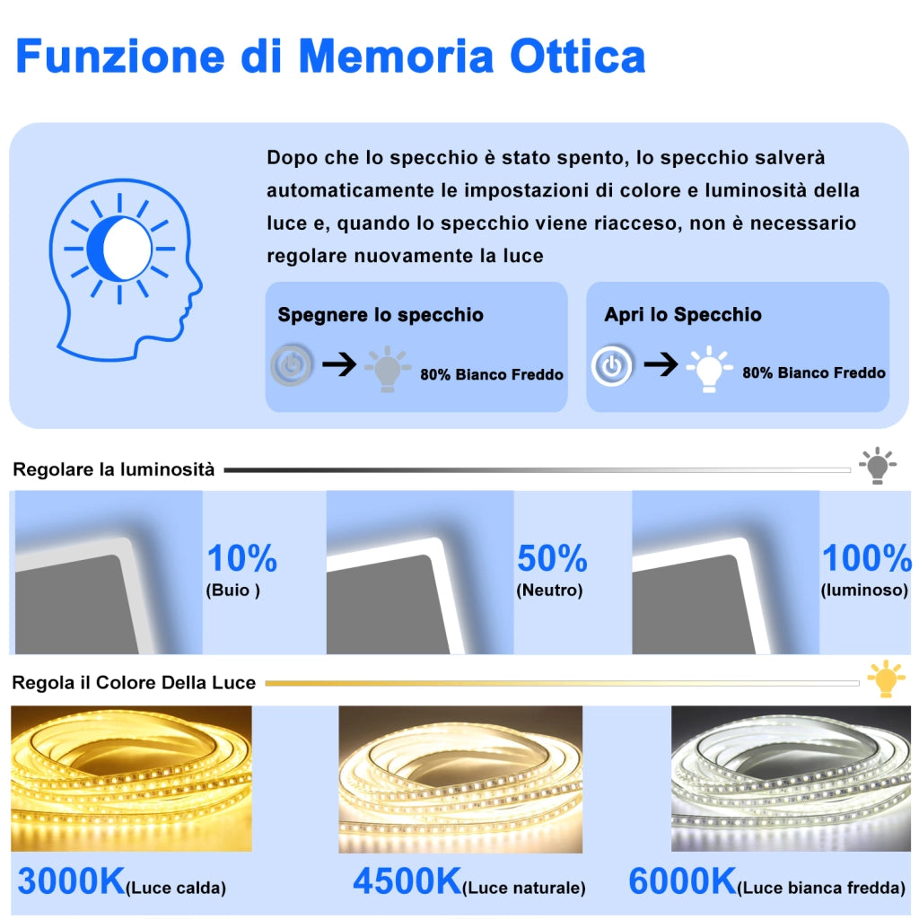 Aica Specchio da bagno a LED+160x80cm+orologio+Disappannamento+3 Temperature di Colore