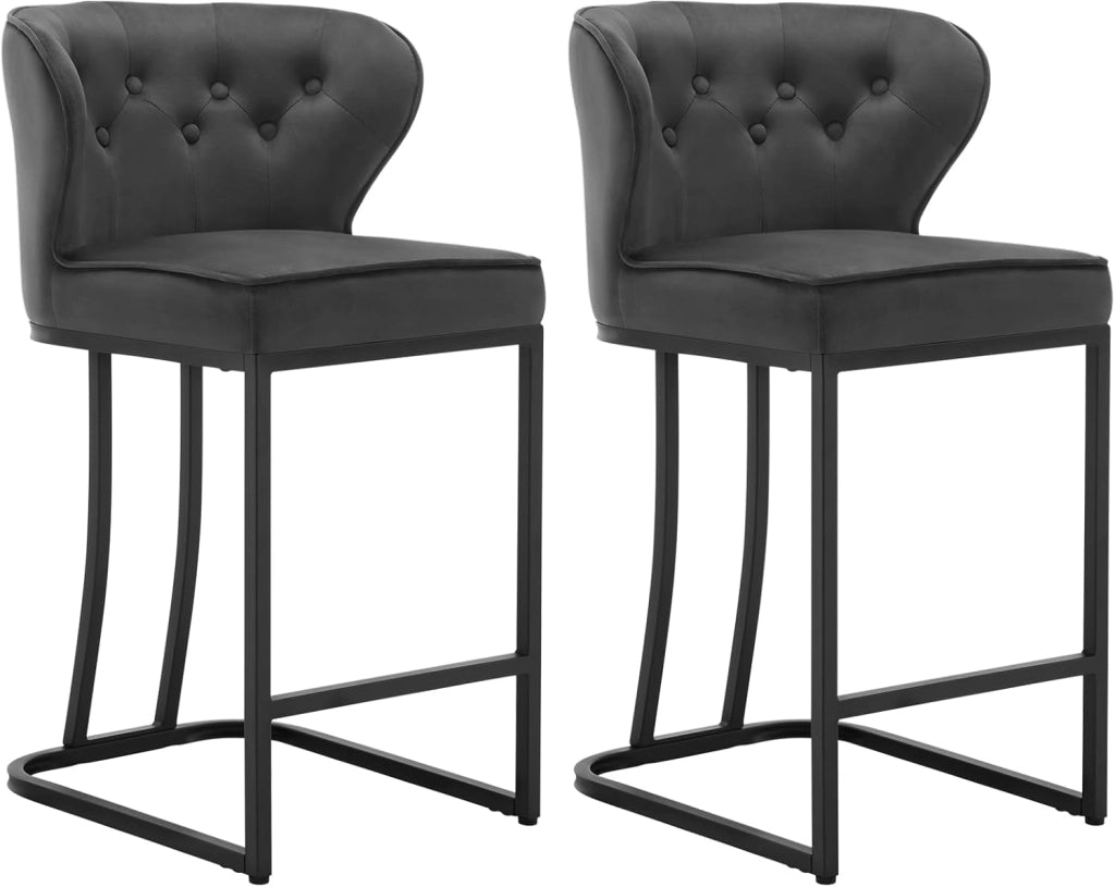 Set di 2 Sgabelli da Bar con Schienale, Sedie Sala Pranzo con Poggiapiedi Ergonomica per Cucina, Camera da Letto, Soggiorno, Sedie in Velluto e Gambe in Metallo, Nero, BH383sz-2