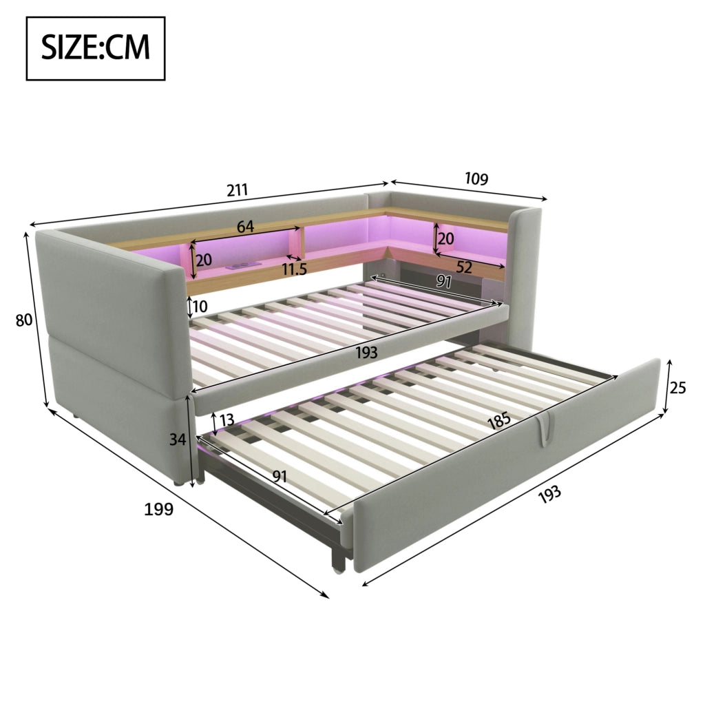 Divano letto 90/180 x 190 cm; con vani portaoggetti; Flanella; Grigio chiaro