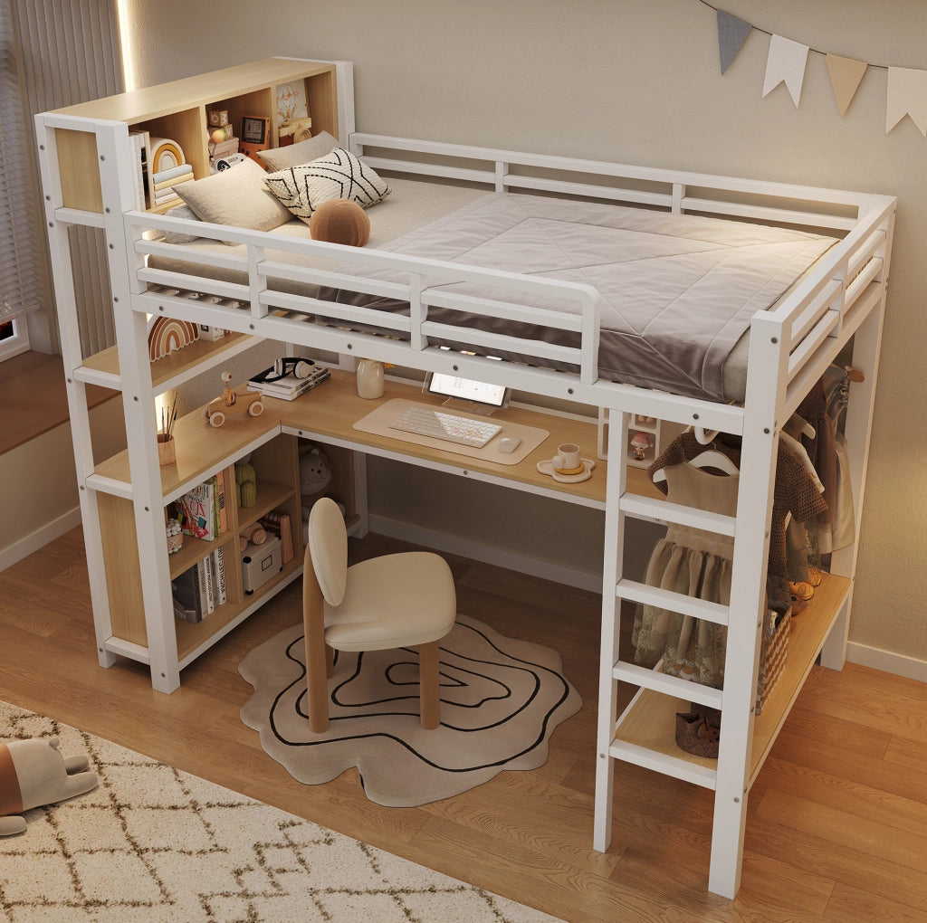 Letto a soppalco 90x200 cm con scrivania; appendiabiti; ripiani e vani portaoggetti; bianco