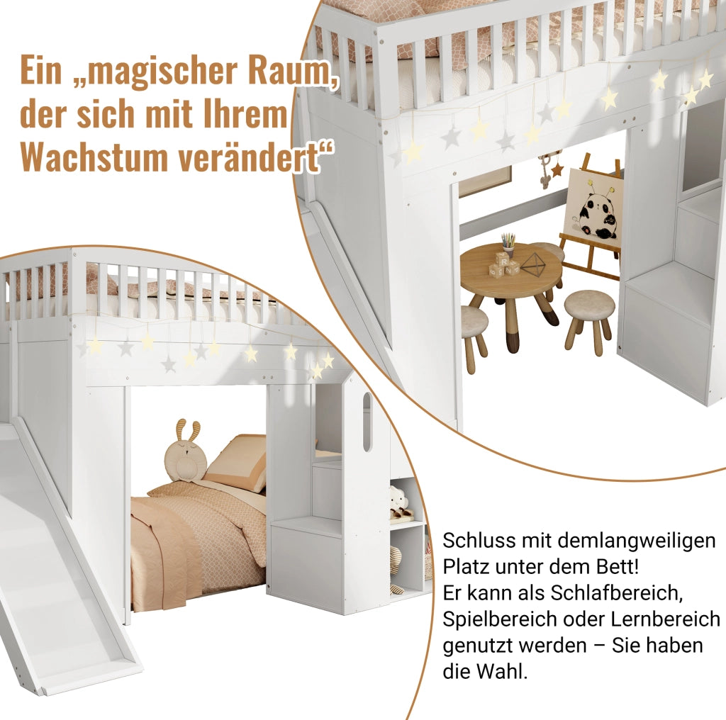 Letto a soppalco per bambini 90x200 cm con scivolo; scala contenitore e LED; bianco