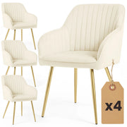 Set di 4 Sedie in velluto con cuciture verticali FLORENCE Crema gambe oro