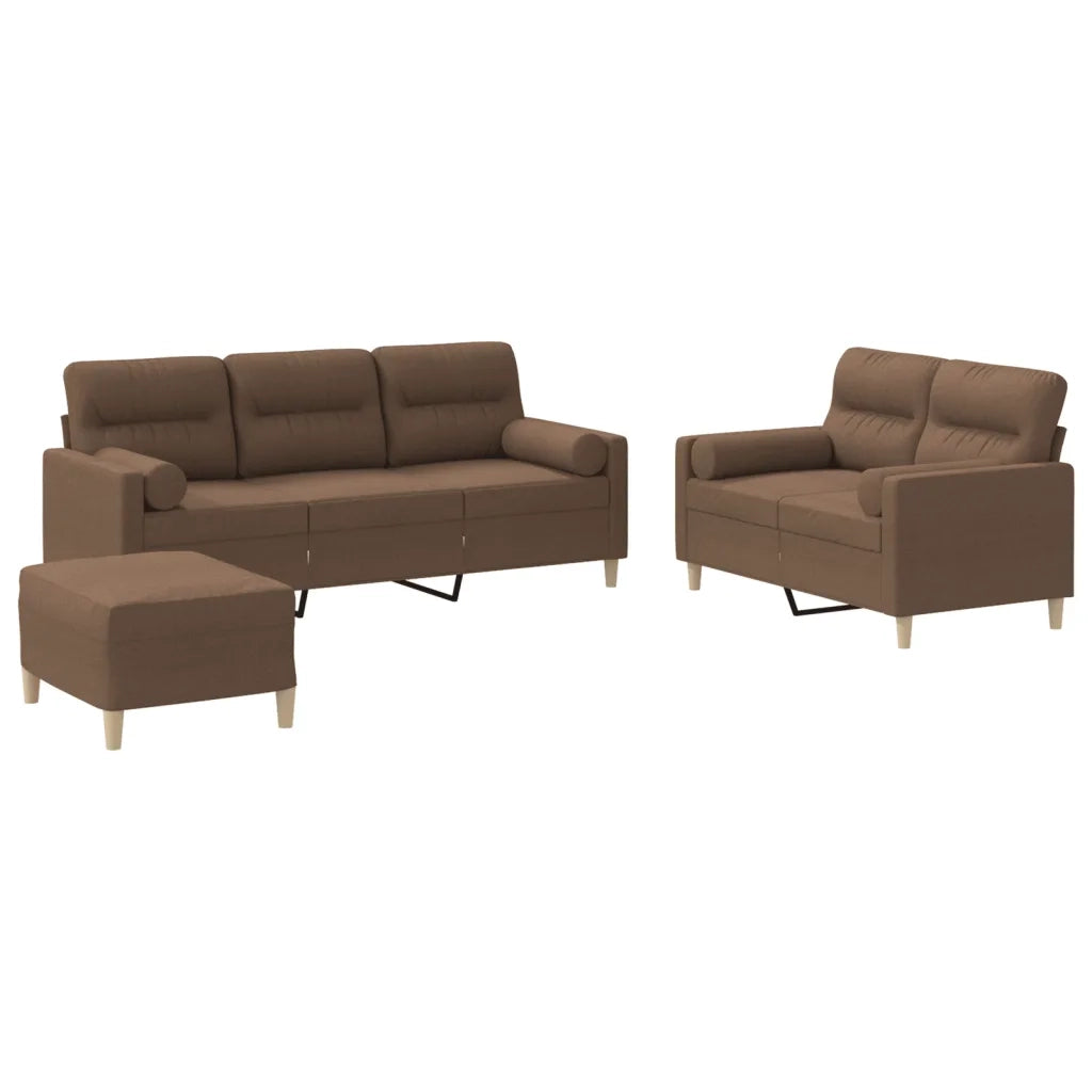 Set di Divani 3 pz con Cuscini Marrone in Tessuto