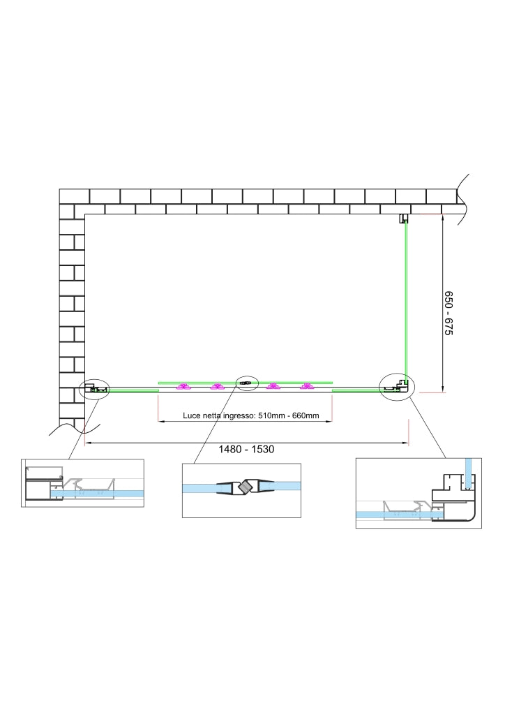 Box doccia 6 mm H 190 parete fissa e porta a 4 ante con apertura centrale MISURA 65-67,5 ANTA FISSA + PORTA 148-153