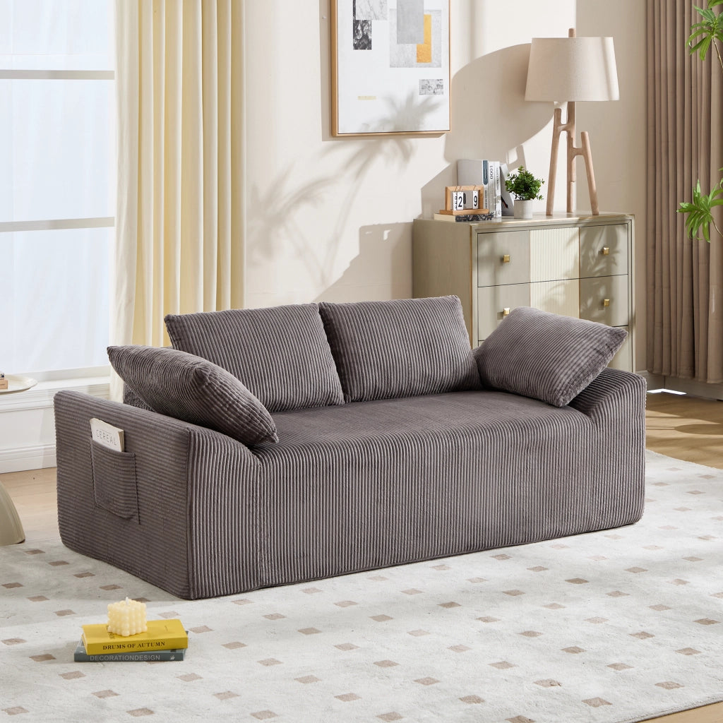 Canapé basso senza struttura con tasche laterali e schiuma memory per salotto e camera da letto in tessuto marrone grigio