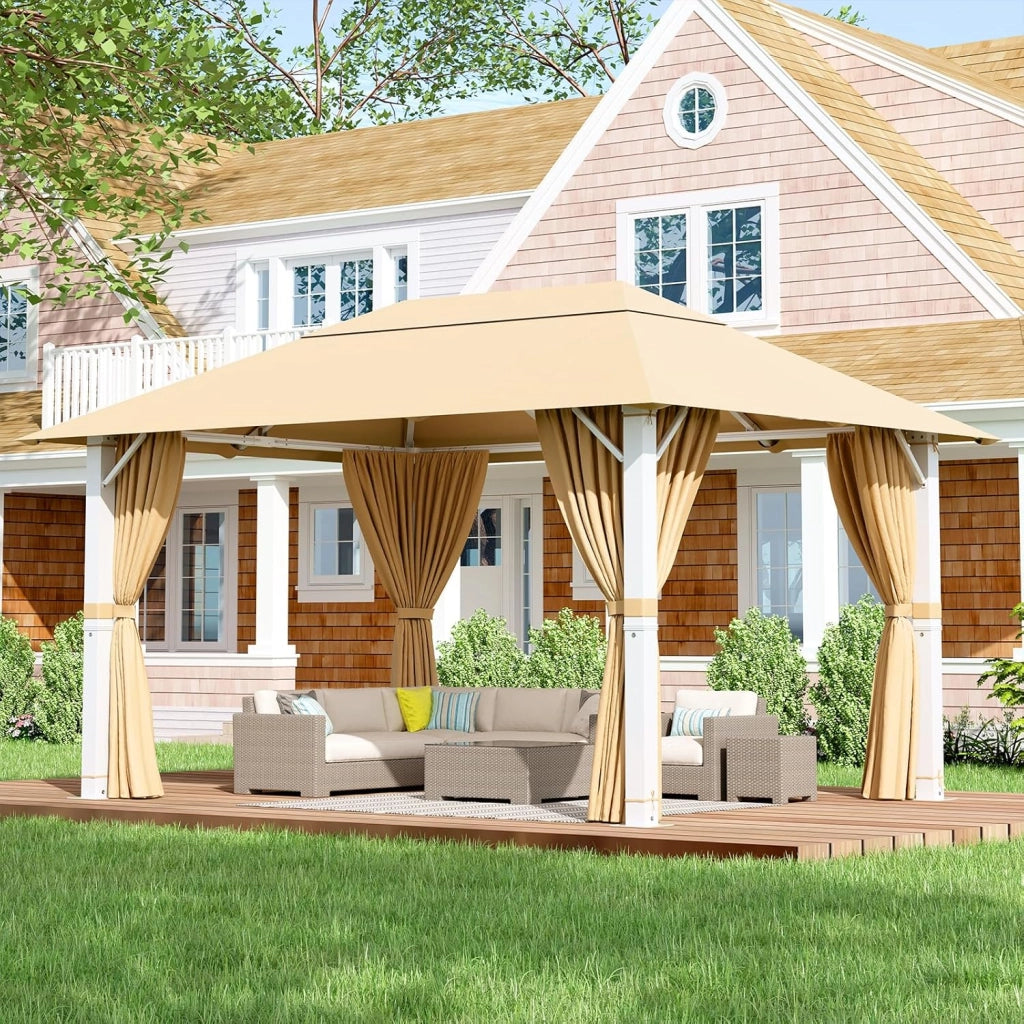 Gazebo 3x4 Impermeabile, Gazebos Giardino Invernale Resistente ai Raggi UV, Gazebos per Feste Stabile Gazebo Esterno Resistente con Struttura in Metallo, Beige