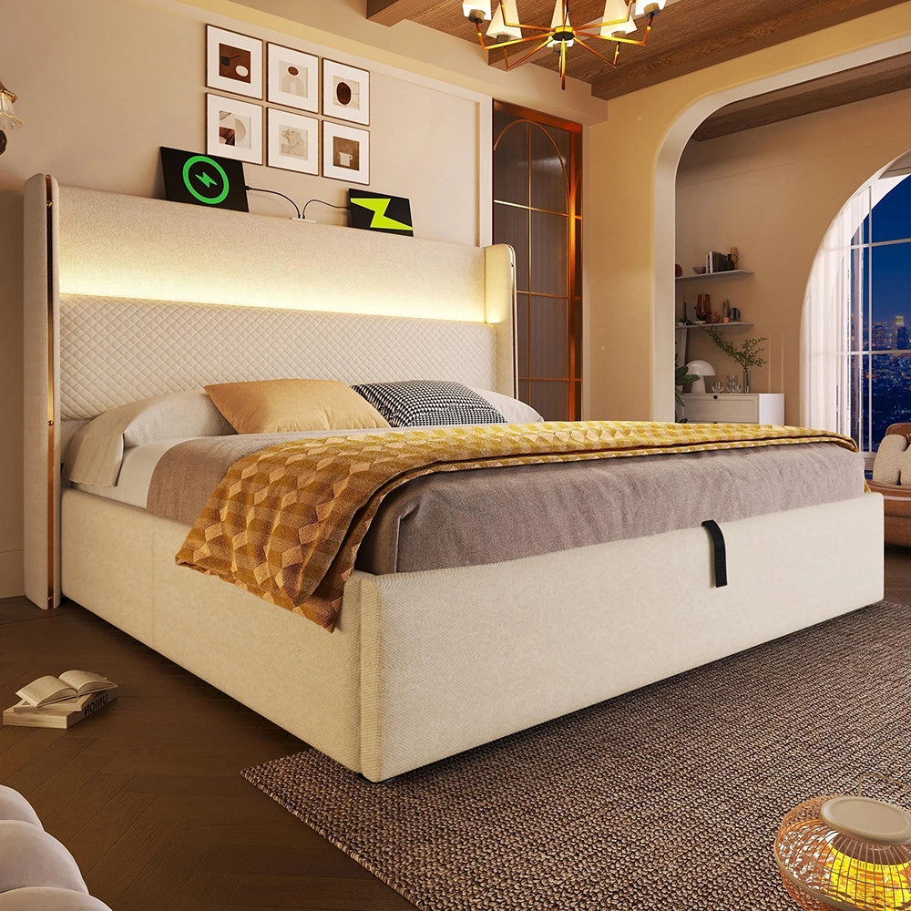 Letto 180x200cm?- Xylo - idraulico LED USB lino beige
