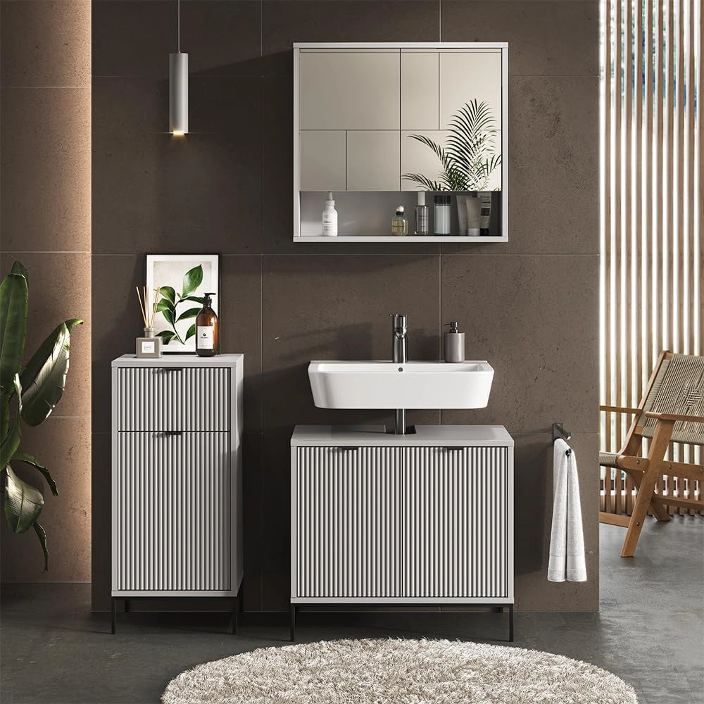 Mobiletto bagno Eliza, Grigio, 40 x 87 cm con anta e cassetto, per la conservazione in bagno o da abbinare a Eliza