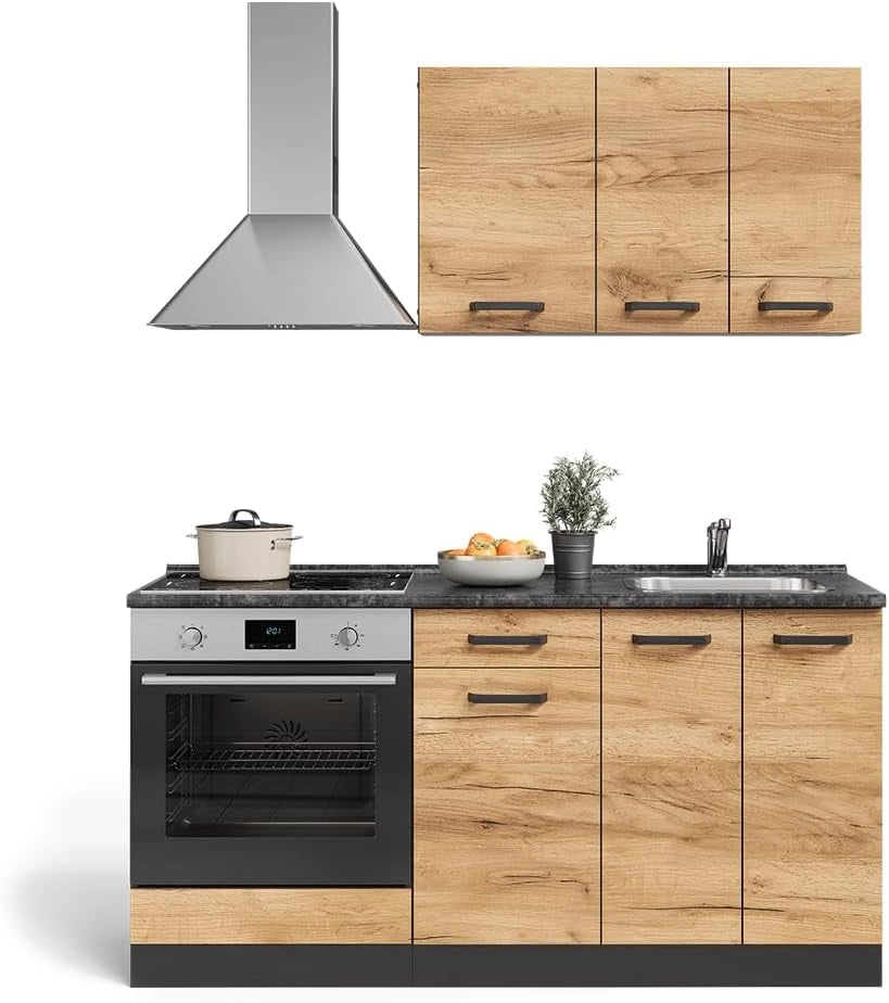 Cucina completa R-Line, Quercia dorata/antracite, 160 cm con base forno e lavello con PT