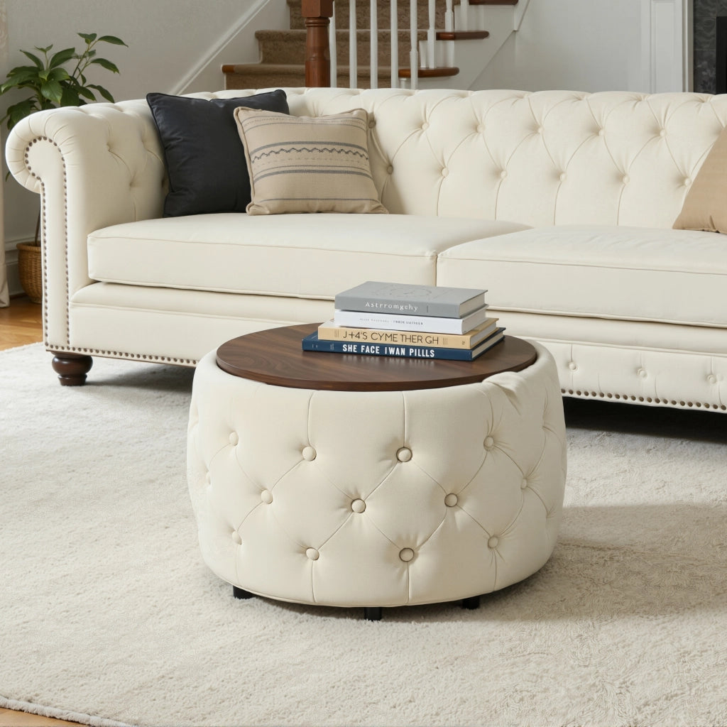 POUF Set da 2 pezzi in velluto beige 58x58x38 cm con vassoio in legno