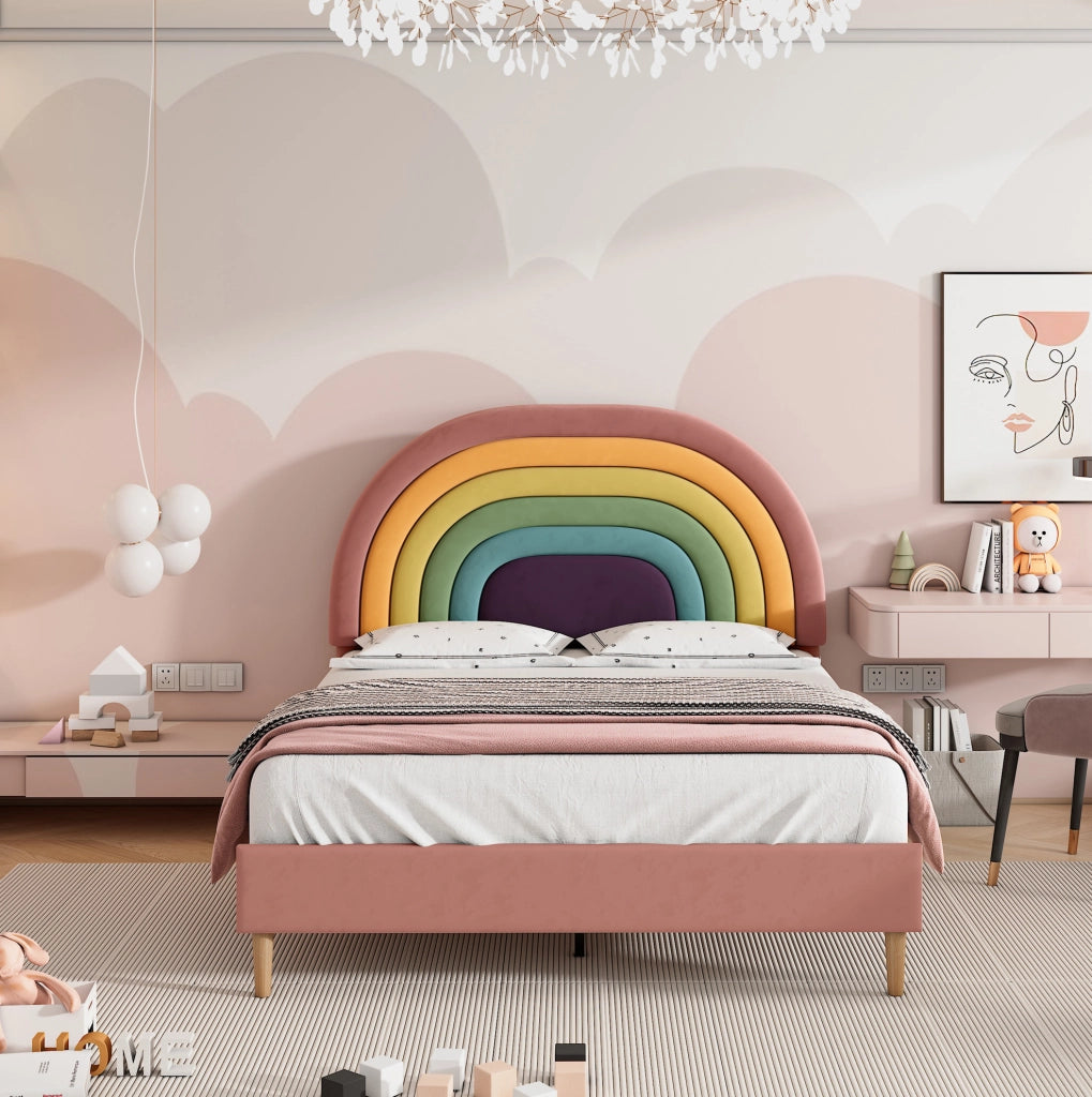 Letto imbottito 140x200 in velluto rosa con testiera regolabile