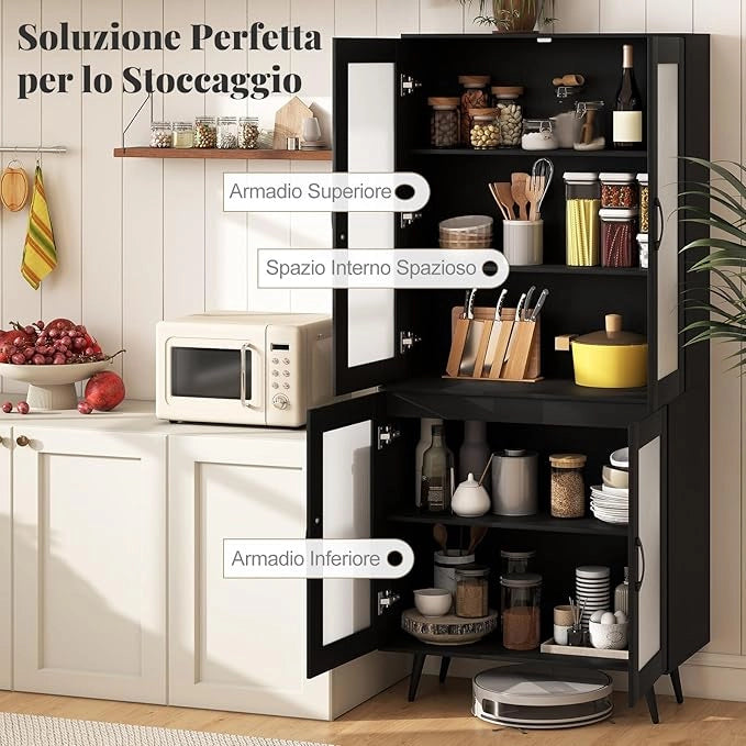 Credenza da Cucina Salvaspazio, Armadio Dispensa con 4 Ante Trasparenti, Ripiano Regolabile e Gambe in Metallo, Mobiletto Alto per Soggiorno e Sala da Pranzo, 80 x 40 x 178,5 cm (Nero)
