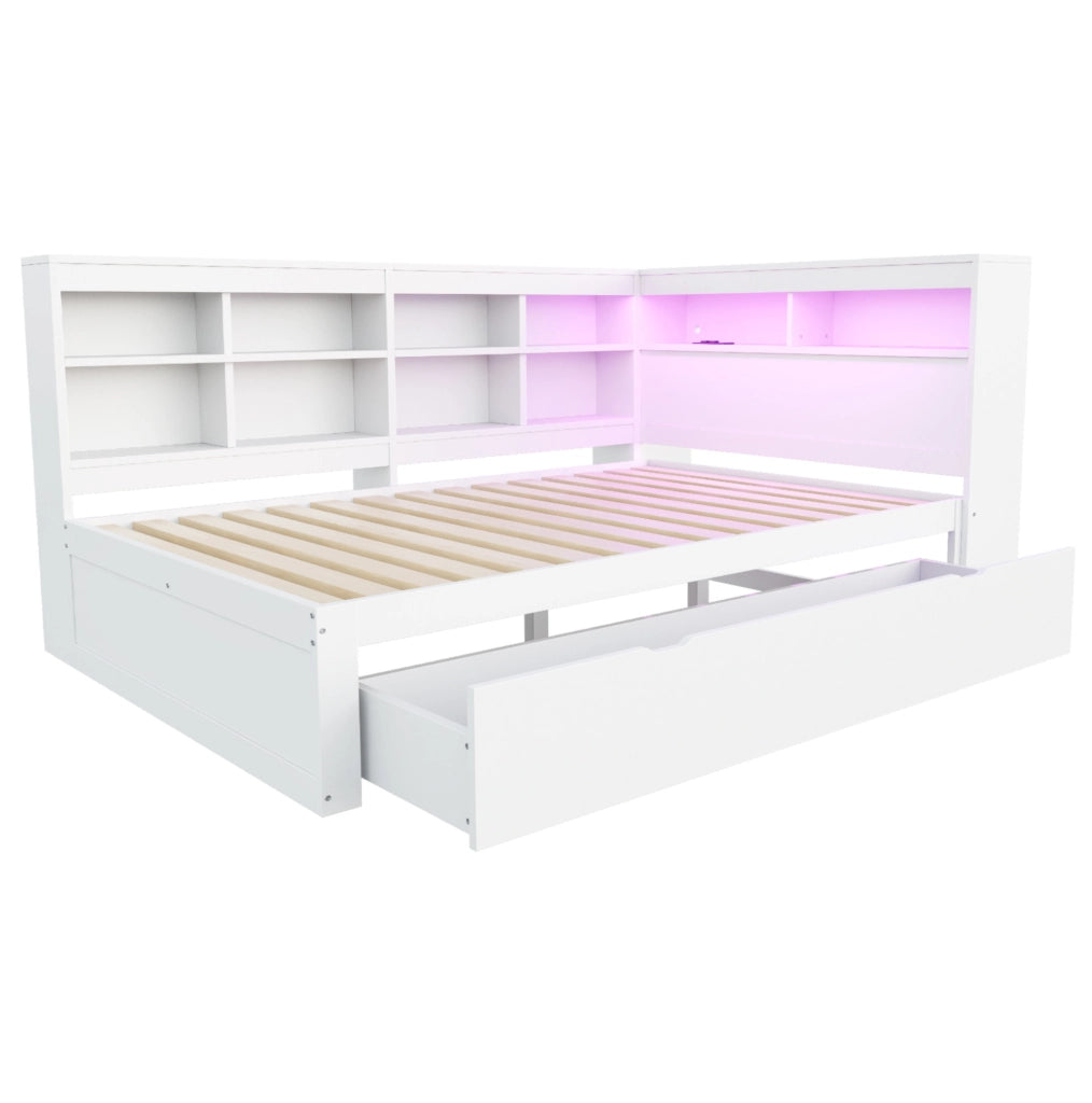 Divano letto 140x200 cm; con USB e LED; legno bianco