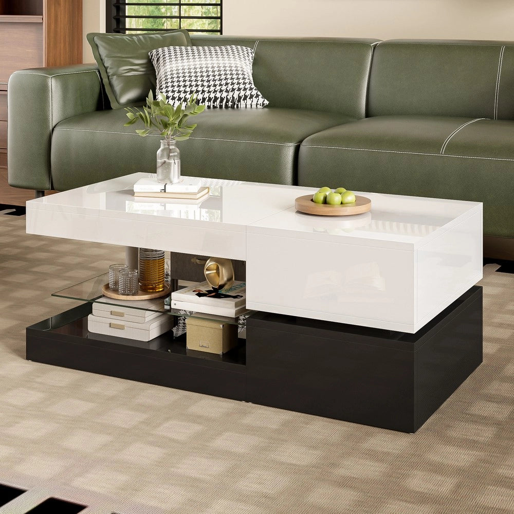 Tavolino da Caff¨¨ con LED e Vetro ¨C MINIMAL ¨C Nero e Bianco, Piano Lucido, 90x45x35,5 cm