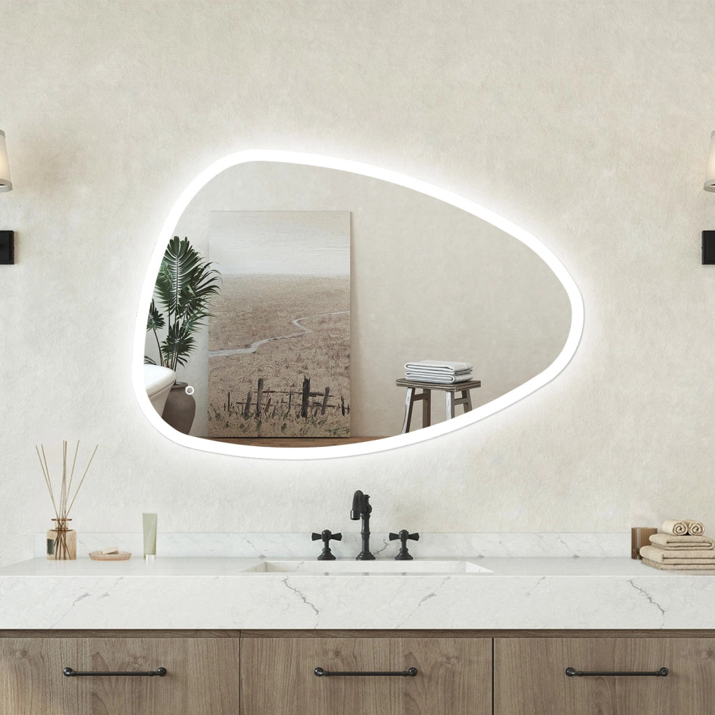 Specchio bagno Asimmetrico 80x55cm Retroilluminato Con Led, Antiappannamento + 3 Luci + Antiappannamento
